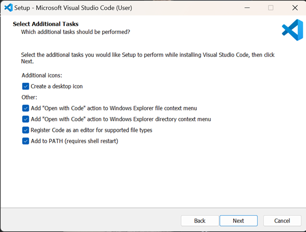 Example of the options to check when downloading Visual Studio Code