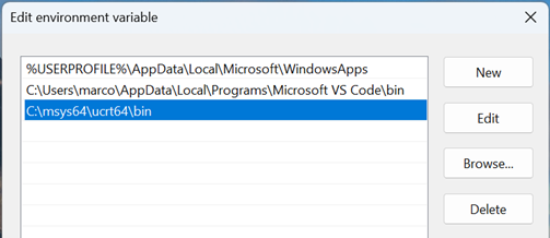 Adding MinGW path to user environment variables