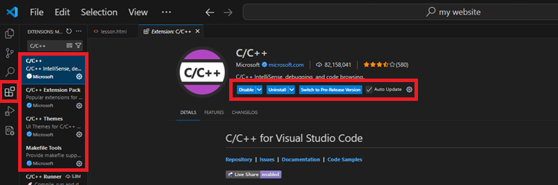 Example for installing C/C++ extensions in Visual Studio Code
