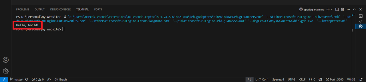 Example of printing Hello, World! in the terminal